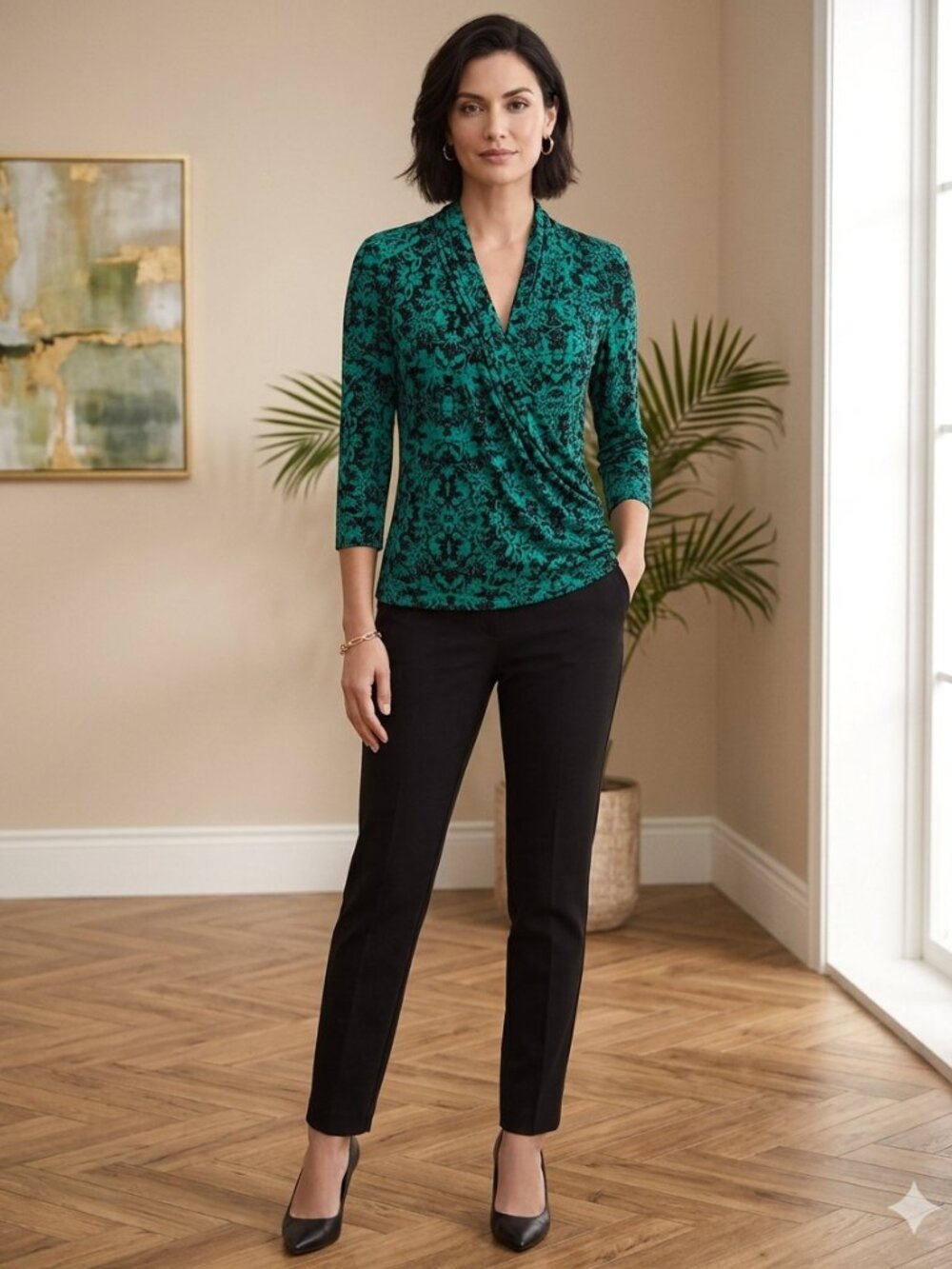 Chaus Green and Black Floral Womens Blouse Size L